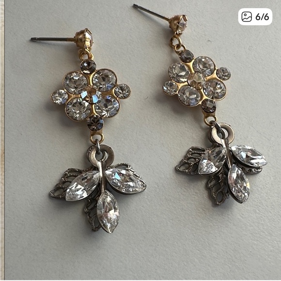 Gold & Silver Floral Crystal Drop Earrings | Vintage Glam Statement Dangle - Picture 3 of 3